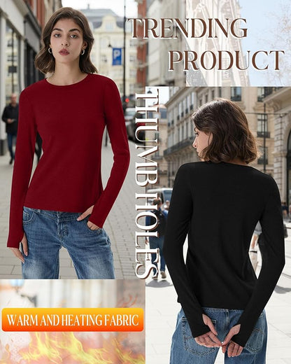 Neer 4 Pack Women's Fleece Thermal Long Sleeve Shirts, Thumb Holes Crew Neck Slim Fit Tops Warm Workout Basic Undershirt