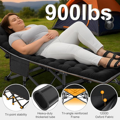 ABORON Folding Camping Cot W/Mat for Adults, Heavy Duty Outdoor Bed with Carry Bag,1200 D Layer Oxford Travel Camp Cots (Black Cot with Black Cotton Pad)