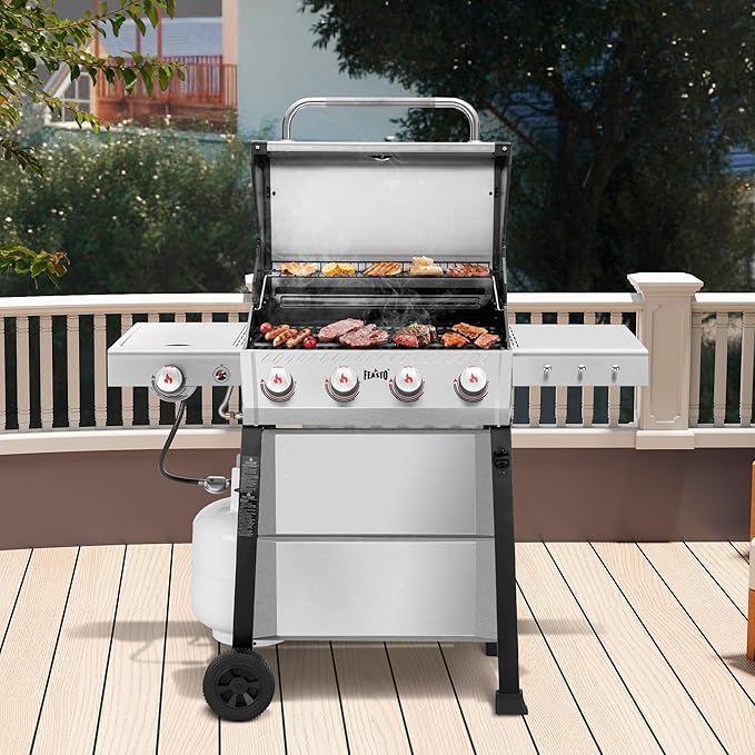 All Stainless Steel 4+1 Burner Gas BBQ Grill, Outdoor Propane Grill with Premium Enameled Coated Chamber Body & Porcelain-Enameled Cast lron Grates, 48,000 BTU