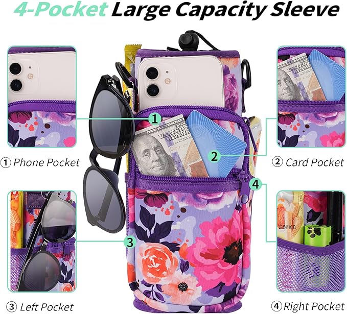 32/40/64/87/128 oz Water Bottle Carrier Bag, Neoprene Water Bottle Sleeve with 4 Pocket, Sport Water Holder with Paracord Handle and Shoulder Strap for Walking Hiking Camping Gym