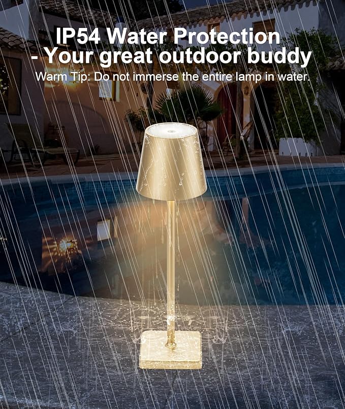 HASUN Gold Cordless Table Lamp, Aluminum Shell LED Rechargeable Desk Lamp, 3W 5200mAh Battery Operated Table Light, 3 Color Stepless Dimming Up Waterproof for Living Room/Indoor/Outdoor (Gold)