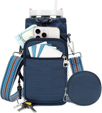 Water Bottle Carrier Bag with Strap, Sling Bag for Walking, Hiking, Cycling, Black, 40 Ounces