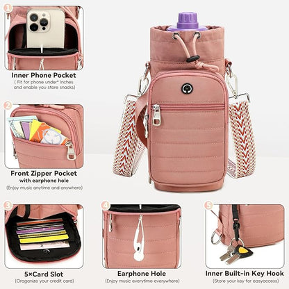 Water Bottle Carrier Bag with Strap, Sling Bag for Walking, Hiking, Cycling, Black, 40 Ounces