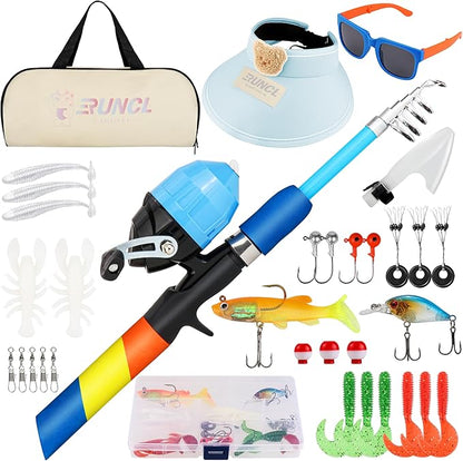 RUNCL Kids Fishing Pole and Reel Combo Kit - 4.9FT Telescopic Fishing Rod with Spincast Reel, Tackle Box, Hat, Sunglasses, Travel Bag - Easy Fishing Kit for Kids Ages 3-12, Youth Beginner