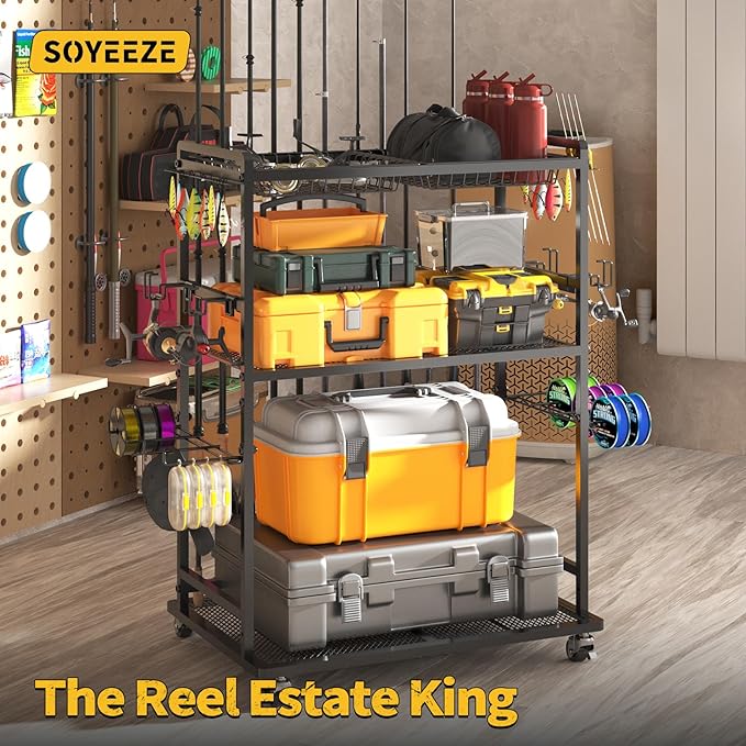SOYEEZE Large Size Fishing Rod Holders for Garage, Heavy Duty 3-Tier Fishing Pole Rack Holds Up to 12 Rods, Fishing Gear Organizer with 2 Metal Baskets, Fishing Storage Cart with Lockable Wheels