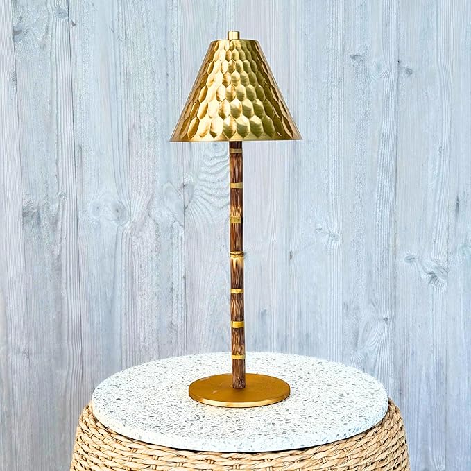 Bamboo Cordless LED Table Lamp – Rechargeable 24-Hour Battery, Dimmable Warm Light, 15" Portable Wireless Lamp with Remote for Indoor/Outdoor Use, Home, Patio, Restaurant – Textured Gold