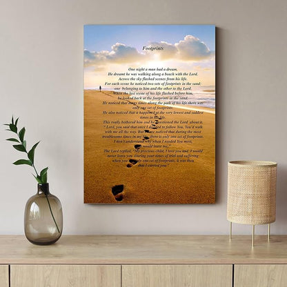 Footprints in the Sand Canvas Prints Wall Art, Footprints in the Sand Wall Art Decor, Inspirational Christian Poem Wall Poster Gift, Beach Picture Wall Art for Living Room Beach Office 12"Wx18"HInches