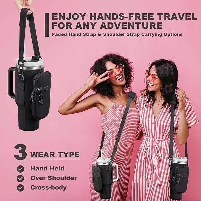 Water Bottle Carrier Bag with Phone Pocket for Stanley 40 & 30 oz Tumbler with Handle,Pink Insulated Neoprene Cup Holder Pouch w/Adjustable Strap for Quencher H2.0 Stanley Cup Accessories