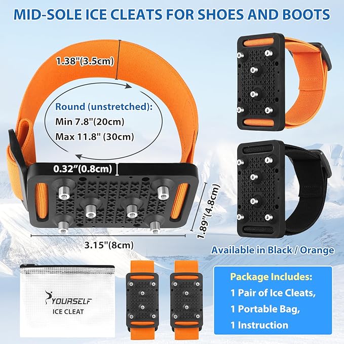 SYOURSELF Ice Cleats Crampons for Shoes and Boots, Rotatable Mid-Sole Traction Cleats Shoe Spikes for Snow and Ice, Non Slip Tungsten Spikes Ice Shoes Grippers for Men Women Winter Indoor/Outdoor