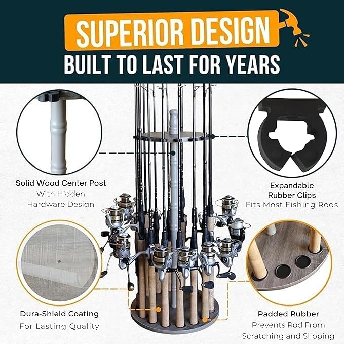 Rush Creek Creations | Fishing Rod Holder for 16 Fishing Poles, Garage Organization and Storage, for Reels, Gear, Accessories, Tackle Box