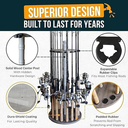 Rush Creek Creations | Fishing Rod Holder for 16 Fishing Poles, Garage Organization and Storage, for Reels, Gear, Accessories, Tackle Box