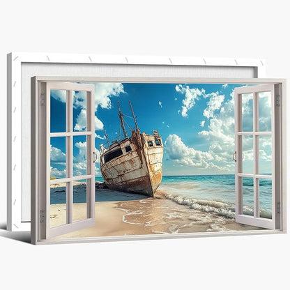ANRUOXI Beach Pictures Wall Art Decor for Living Room, Blue Ocean Painting Decor for Bedroom, White Window Frame Style Broken Ship Canvas Wall Decor, Coastal Landscape Artwork for Offices 24x36 Inch