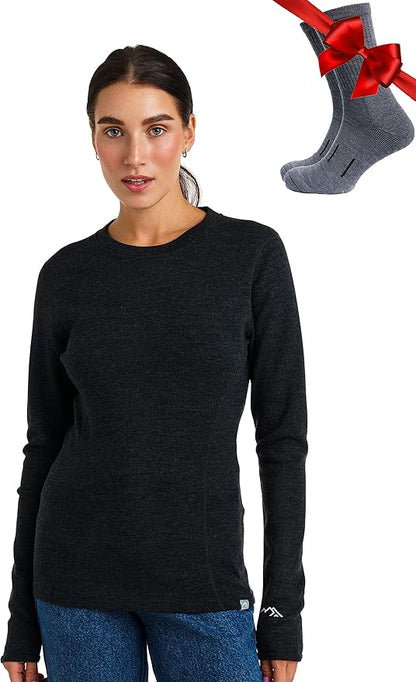 Merino.tech Merino Wool Base Layer Women - 100% Merino Wool Heavyweight, Midweight, Lite Long Sleeve Thermal Shirt and Socks