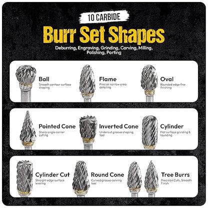10Pcs Tungsten Carbide Burr Set 6.35mm - 1/4" Shank Double Cut Die Grinder Bits Cutting Burrs - Metal, Steel - Rotary Tools Rasp Accessories - Deburring, Engraving, Grinding, Carving, Porting