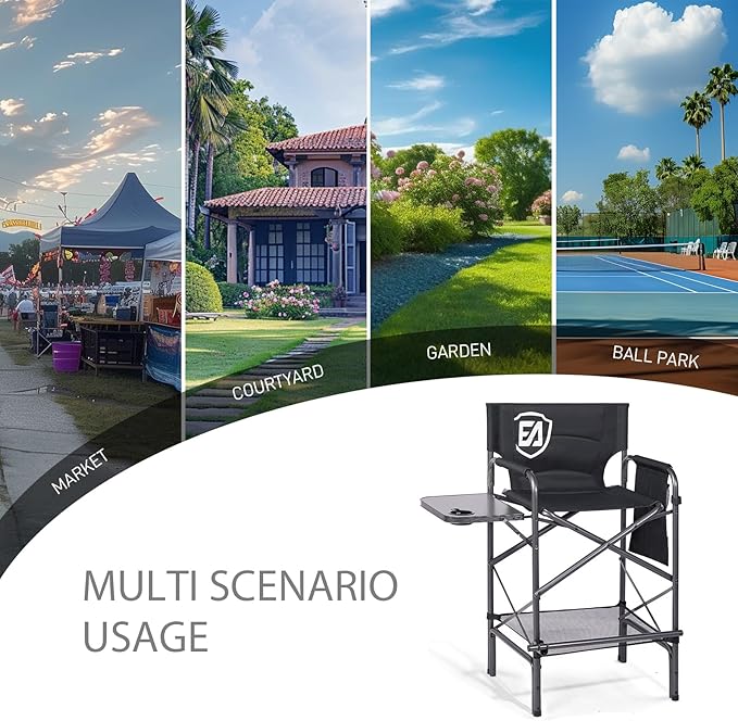 EVER ADVANCED 30.7" Seat Height Directors Chair for Makeup Artist with Side Table Easy Get in Out for Elderly Tall Camping Chair Supports 350lbs Black