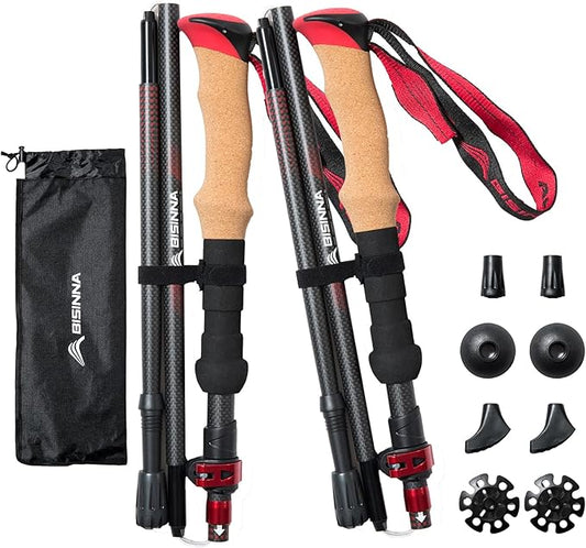 BISINNA Carbon Fiber Trekking Poles Collapsible Hiking Poles Lightweight Walking Sticks with Cork Handle Quick Lock for Women and Men 2pc