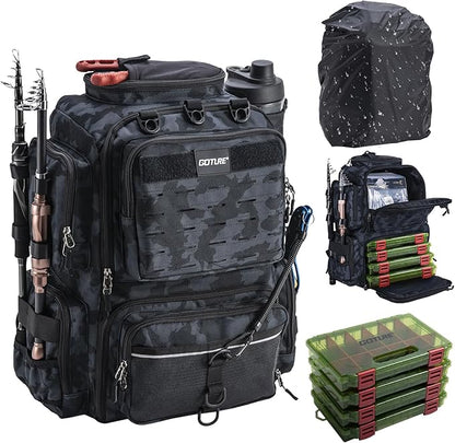 Goture Fishing Backpack with 4 Tackle Boxes,45L 600D Tackle Backpack with Rod Holders,8 Lure Pockets,Rain Cover,Large Fishing Bag Saltwater Gear Storage Bag for Camping Hiking