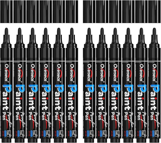 Overseas Black Paint Pens Paint Markers - Permanent Acrylic Markers 12 Pack, Water-Based, Quick Dry, Waterproof Marker Pen for Rock, Wood, Plastic, Metal, Canvas, Glass, Fabric, Mugs. Medium Tip
