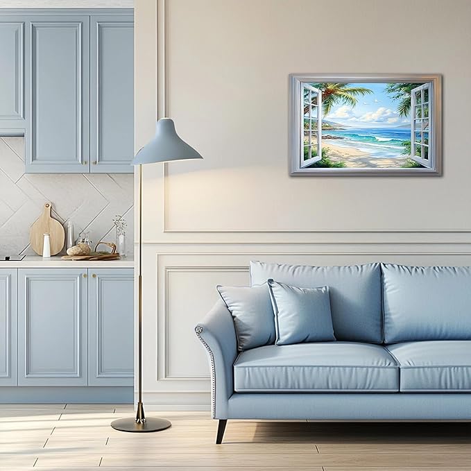 ANRUOXI Beach Wall Art, Blue Ocean Canvas Prints Wall Decor, Window Frame Style Sea Canvas Wall Decor, Ocean Seaside Painting, Nature Coastal Landscape Framed Artwork for Living Room Office 24x36 Inch