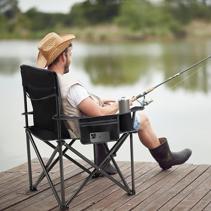 Oversized Folding Camping Chair for Adults - 450lbs Support - Heavy Duty Portable Lawn Chairs with Side Pocket Cup Holder Cooler Bag for Sports Garden Beach Fishing, Black