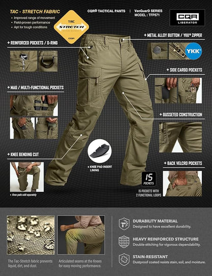 CQR Men's Flex Stretch Tactical Pants, Water Resistant Ripstop Cargo Pants, Lightweight EDC Outdoor Work Hiking Pants