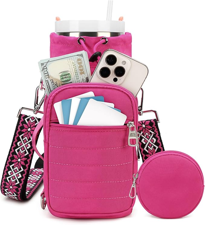 Water Bottle Carrier Bag with Strap, Sling Bag for Walking, Hiking, Cycling, Black, 40 Ounces