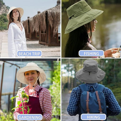 Sun Hats for Women Men UV Protection Wide Brim Bucket Hat with Ponytail Hole Waterproof Gardening Fold-Up Summer Cap