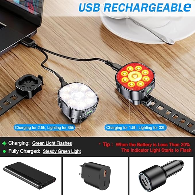 Bike Lights Front and Back for Night Riding Safety,Super Bright Headlight and Red Rear Tail,IP65 Waterproof USB Charging,with 8 Ultra-Bright LED Beads 8+7 Lighting Modes for All Road Bicycle