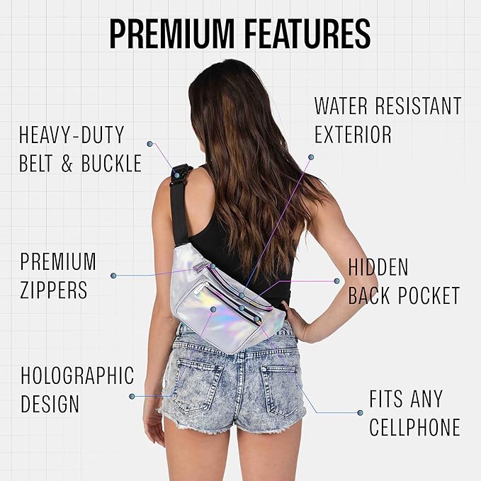 Holographic Fanny Pack Belt Bag | Waterproof Crossbody Bum Waist Pack - For Halloween, Rave, Hiking, Running, Travel (Silver)
