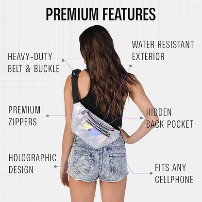 Holographic Fanny Pack Belt Bag | Waterproof Crossbody Bum Waist Pack - For Halloween, Rave, Hiking, Running, Travel (Silver)