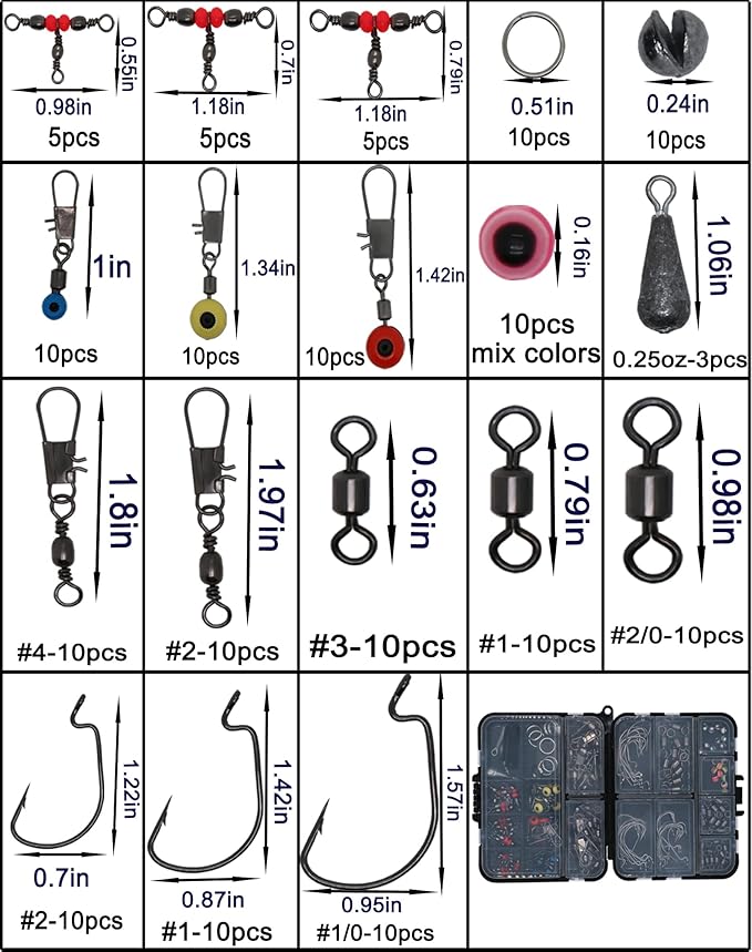 Fishing Accessories Kit with Hooks, Bass Casting, Sinkers, Swivels, Snaps, Sinker Slides, Line Beads, Fishing Set with Tackle Box Lanyard