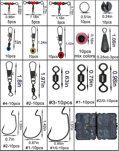Fishing Accessories Kit with Hooks, Bass Casting, Sinkers, Swivels, Snaps, Sinker Slides, Line Beads, Fishing Set with Tackle Box Lanyard