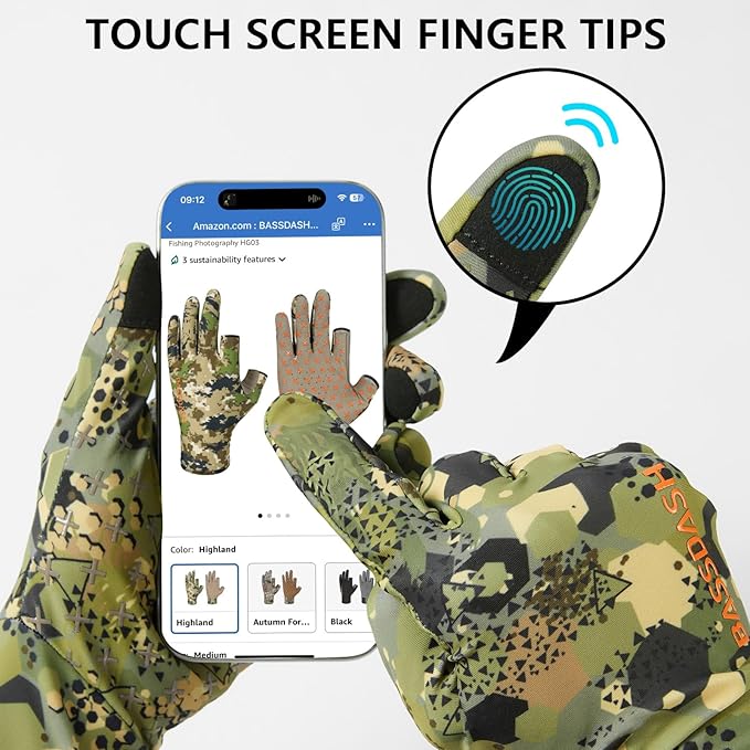 BASSDASH Men’s Camo Hunting Gloves UPF 50+ Lightweight Touchscreen Gloves for Warm Weather Fishing Hiking Outdoor Activities