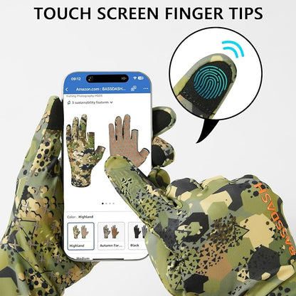 BASSDASH Men’s Camo Hunting Gloves UPF 50+ Lightweight Touchscreen Gloves for Warm Weather Fishing Hiking Outdoor Activities