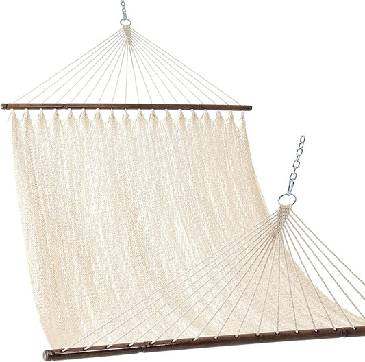 Lazy Daze Hammocks 10.5 FT Double 2 Person Caribbean Rope Hammock, Hand Woven Polyester Hammock with Spreader Bars, for Outside Outdoor Backyard Patio Poolside, 450 LBS Capacity, Cream