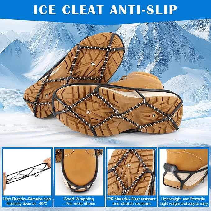 Ice Snow Traction Cleats Crampons, 28 Teeth Snow Spikes for Shoes and Boots, Rubber Anti Slip Ice Snow Grippers, Ice Cleats for Walking On Snow and Ice, Hiking, Climbing