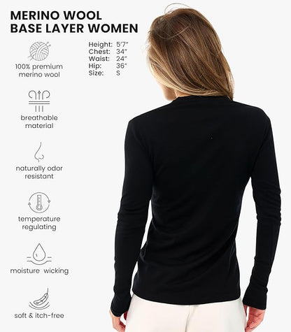Merino Wool Base Layer Women - 100% Merino Wool Shirt Women Thermal Underwear Long Sleeve T-Shirt for Hiking