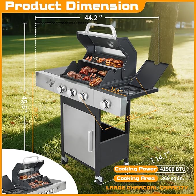 CIG GARDEN 3-Burner Propane Gas Grill With Side Burner,Double-layer Stainless Steel BBQ Grill Lid with Cast Iron Grates,41,500 BTU Output Perfect for Outdoor Cooking,Backyard,Camping,BBQ Grill