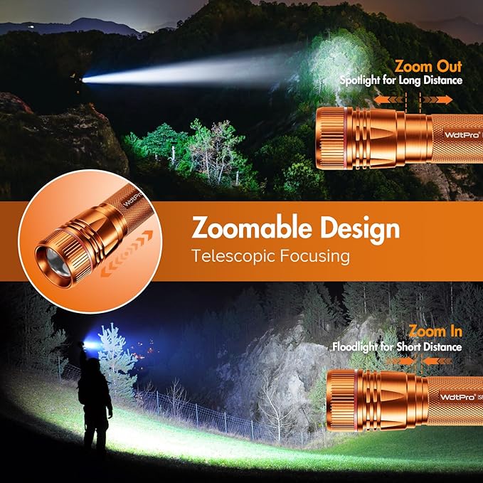 WdtPro Rechargeable Flashlights High Lumens, 1 Pack 10H Long Lasting Super Bright EDC Flashlights, LED Mini Tactical Flash Lights for Camping Emergency, Drop & Water Resistant Orange(Battery Included)