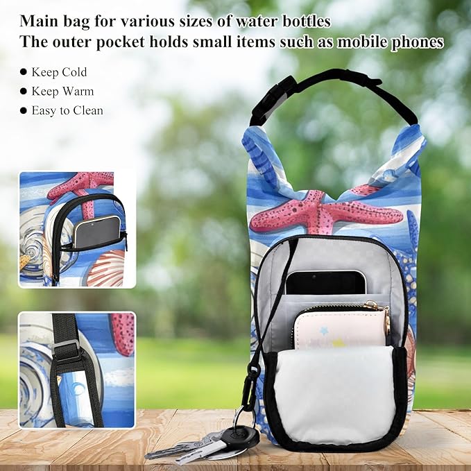 Blue Striped Starfishes Seashells Corals Water Bottle Holder with Strap Insulated Water Bottle Carrier Crossbody Bags Pouch with Phone Pocket for Travel Gym Hiking Walking Running