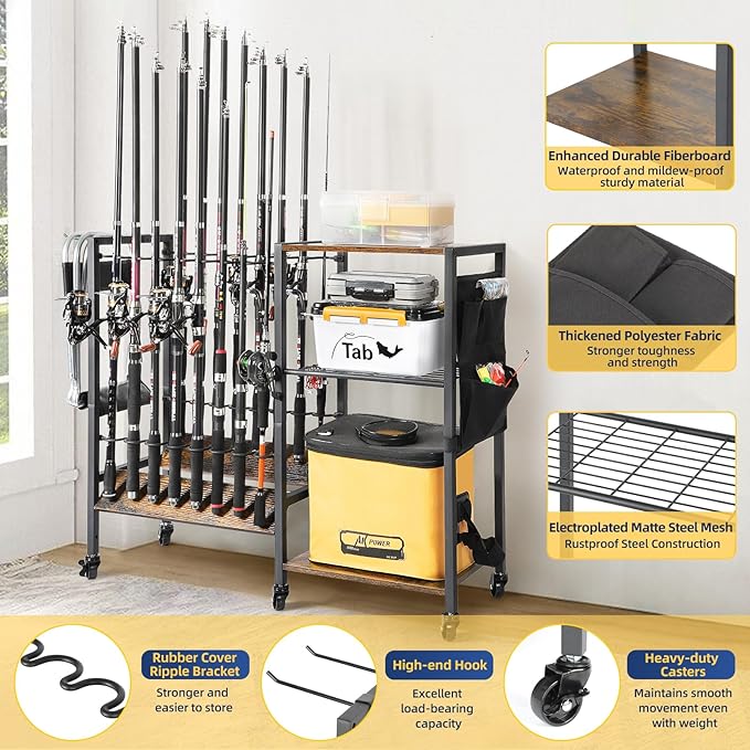 Olakee Fishing Rod Holder, Fishing Pole Holders for Garage Boat Home Entryway Fishing Gear Storage with Tackle Cart Ideal Gift for Men Dad Anglers Corner Design for Rods and Equipment Organizers