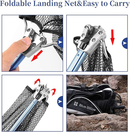 Fishing Net with Long Robust Telescopic Handle for Freshwater and Saltwater,Extend to 50.8 Inch,Foldable Nylon Mesh Landing Net