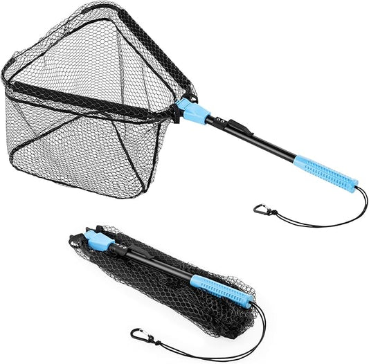 Calamus Triangle Fishing Net, Foldable, Lightweight & Strong Landing Net with Non-Slip Elastomer Handle, Built-in Elastic Lanyard and Belt Clip, Fishing Gear - Gift for Men