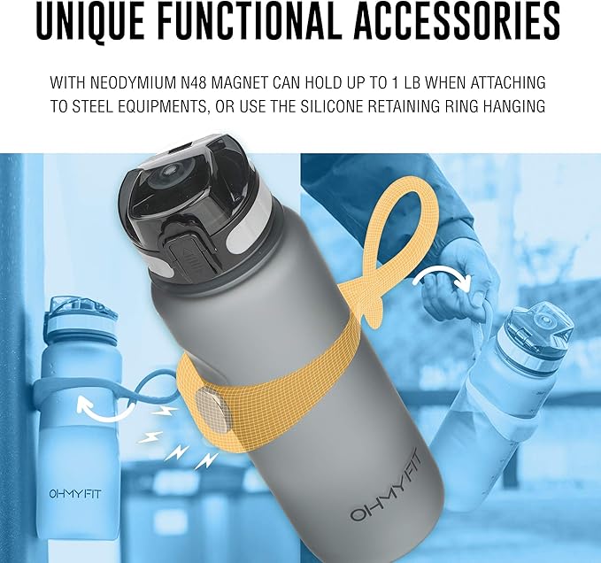 Tritan Sports Water Bottle with Magnetic Silicone Carry Strap & One Click Open Cap - Magnetic Drink Holder for Metal Equipment - Bottle w/Straps for Backpack, Belt & More (18oz, Sky Blue)