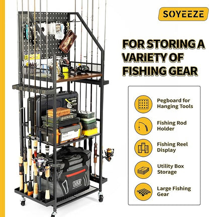 SOYEEZE Fishing Rod Holders for Garage with Pegboard and Lockable Wheels, 3-Tier Fishing Pole Rack with 10 Hooks, Fishing Gear Tackle Box Organizer Up to 12 Rods, Rolling Fishing Storage Cart