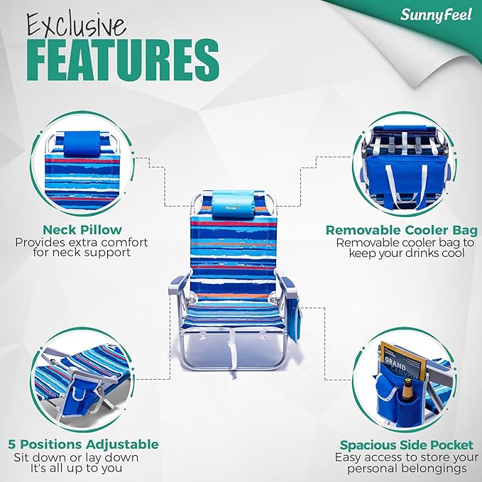 SUNNYFEEL Beach Chairs for Adults 2 Pack 5 Position Lay Flat, Portable Folding Backpack Beach Chair Heavy Duty with Cooler Bag, Cup Holder for Outdoor/Lawn/Picnic, Foldable Camping Chair