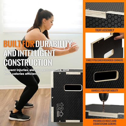 CAELUM 3-in-1 Wood Plyo Box - Non-Slip Plyometric Jump Box for Home & Gym, 400lbs Bearing Fitness Launch Box for Jumping Squats Step-ups Strength Training