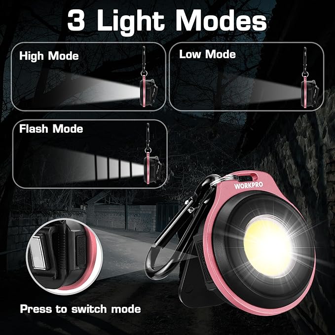 WORKPRO COB Keychain Work Light, Rechargeable Magnetic Keychain Flashlight, Mini Pocket Carabiner Flashlight with Hat Clip, 3 Light Modes Emergency Light for Camping, Hiking and Fishing, Pink Ribbon