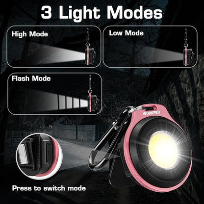 WORKPRO COB Keychain Work Light, Rechargeable Magnetic Keychain Flashlight, Mini Pocket Carabiner Flashlight with Hat Clip, 3 Light Modes Emergency Light for Camping, Hiking and Fishing, Pink Ribbon