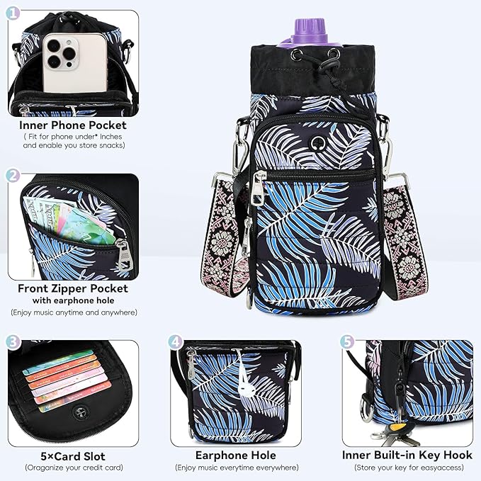 Water Bottle Carrier Bag with Strap, Sling Bag for Walking, Hiking, Cycling, Black, 40 Ounces